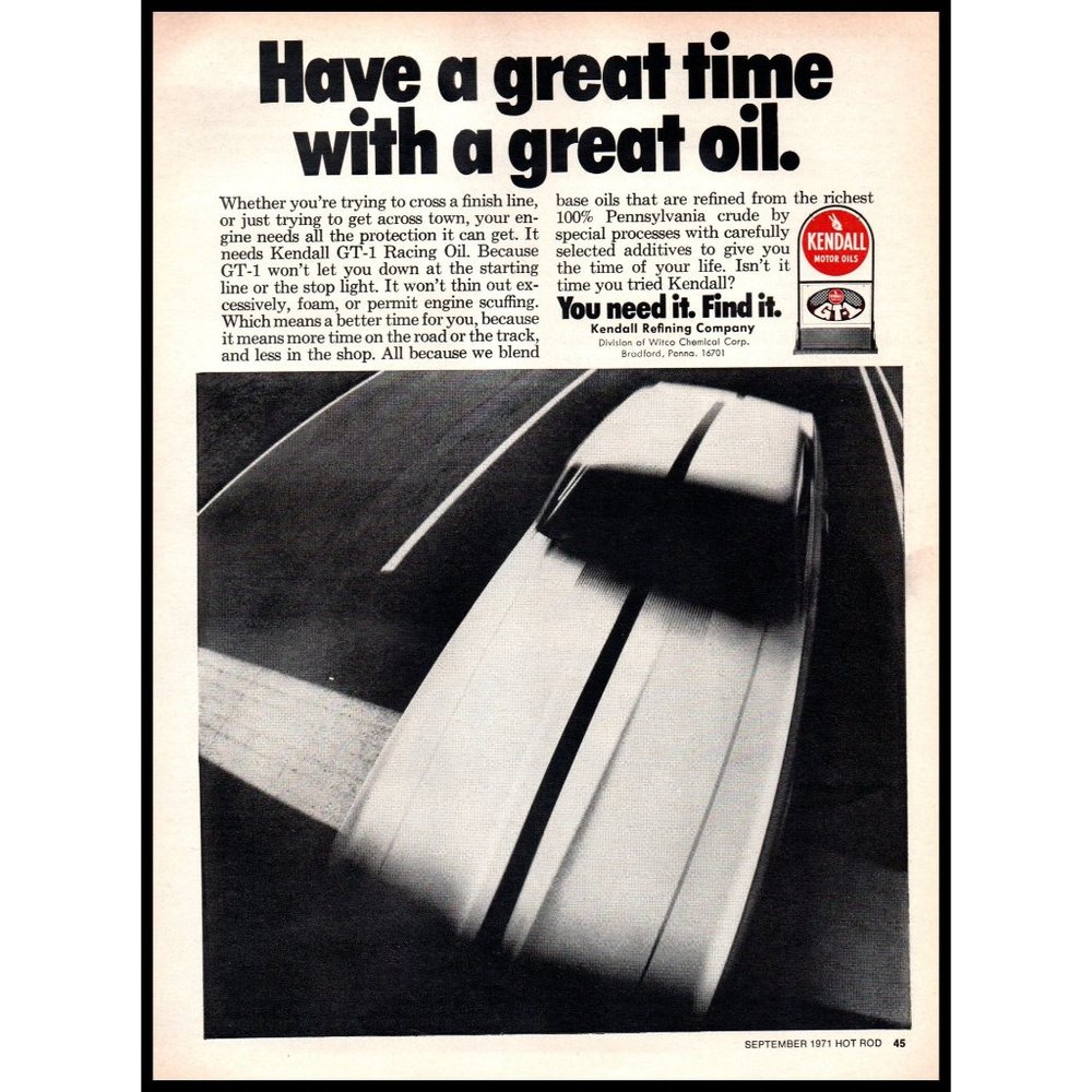 1971 Kendall GT-1 Racing Motor Oil Vintage Print Ad Blur Finish Line Wall Art